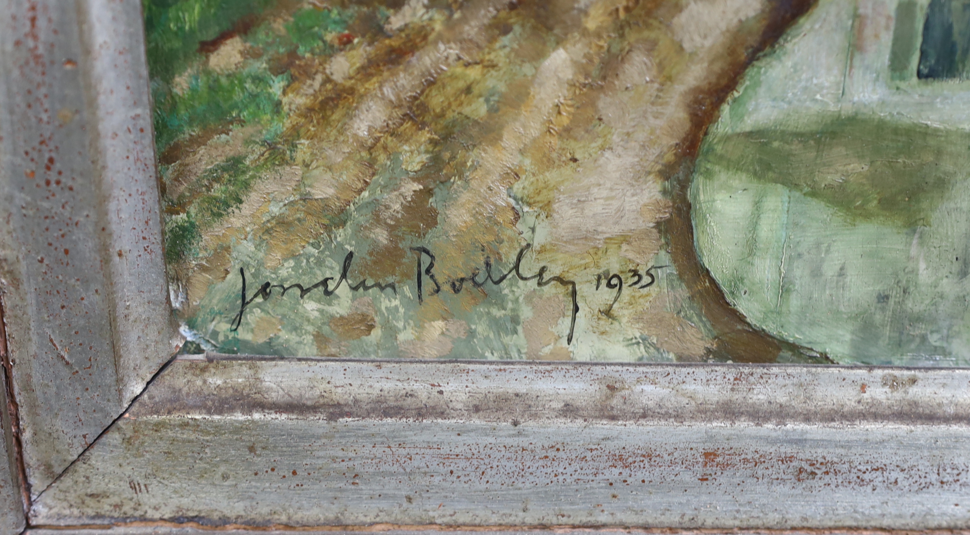 Josselin Reginald Courtenay Bodley (British 1893-1974), Riverside houses, oil on canvas, 53 x 37cm